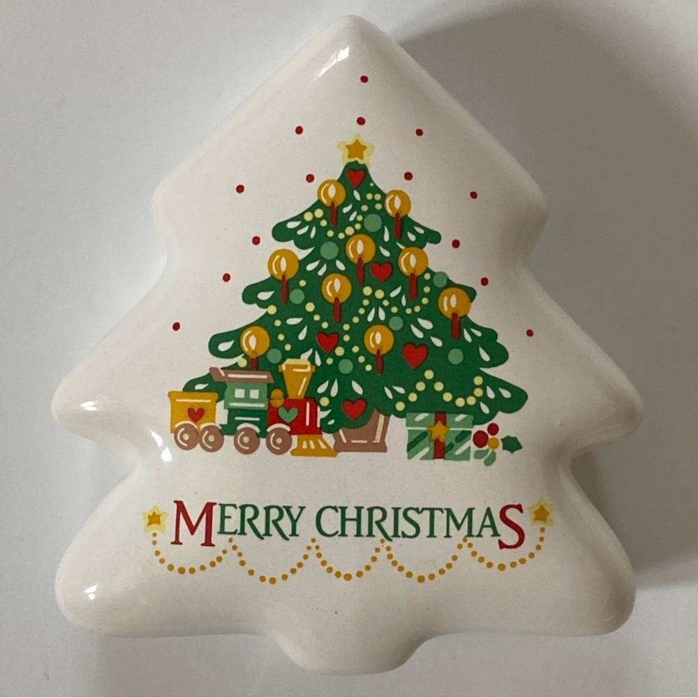 Papel Christmas Tree Shaped Trinket Box With Lid Ceramic Merry Xmas Colorful EUC